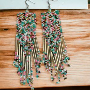 Vintage Native American Western Glass Seed Beed Fringe Earrings